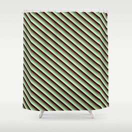 [ Thumbnail: Pale Goldenrod, Black, Sienna & Aquamarine Colored Lines/Stripes Pattern Shower Curtain ]
