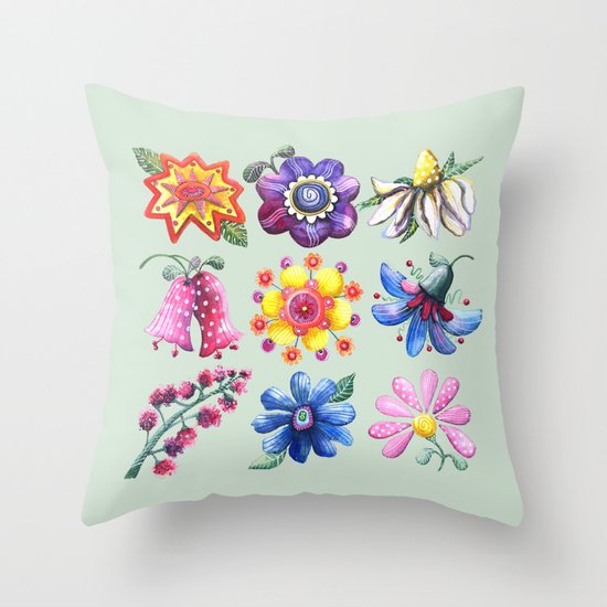 Pretty Flowers All in a Row Green Throw Pillow