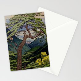 The Downwards Climbing - Summer Tree & Mountain Ukiyoe Nature Landscape in Green Stationery Card
