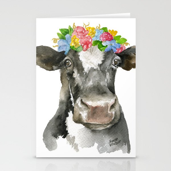 Black And White Cow With Floral Crown Watercolor Painting