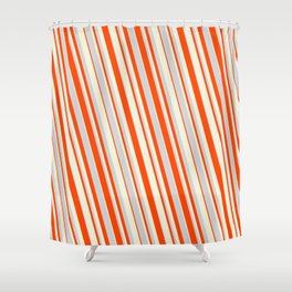 [ Thumbnail: Light Grey, Red, and Beige Colored Striped Pattern Shower Curtain ]