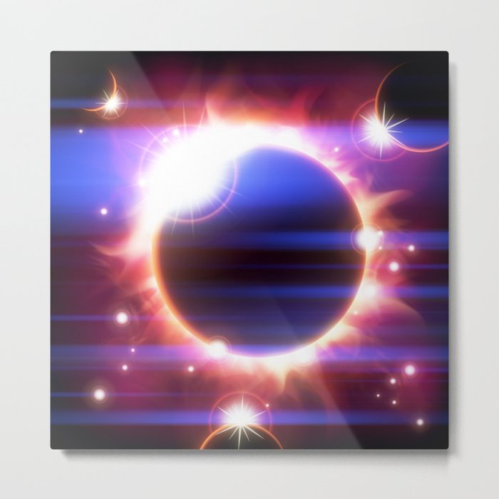 An outer space background with an eclipse, planets and stars.  Metal Print