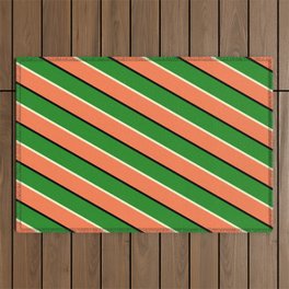 [ Thumbnail: Forest Green, Light Yellow, Coral & Black Colored Striped Pattern Outdoor Rug ]