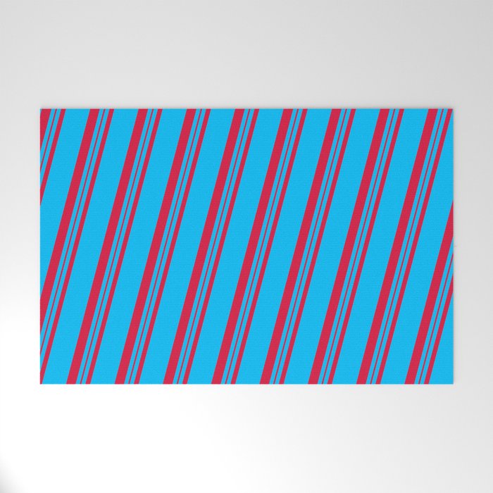 Deep Sky Blue and Crimson Colored Lines/Stripes Pattern Welcome Mat