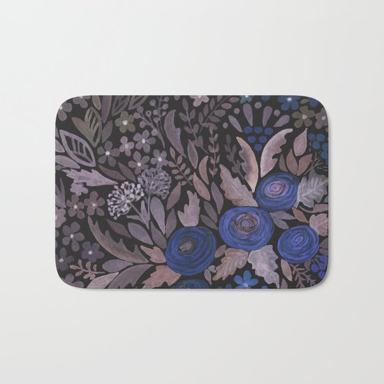 Watercolor blue flowers . The blue of the night . Bath Mat