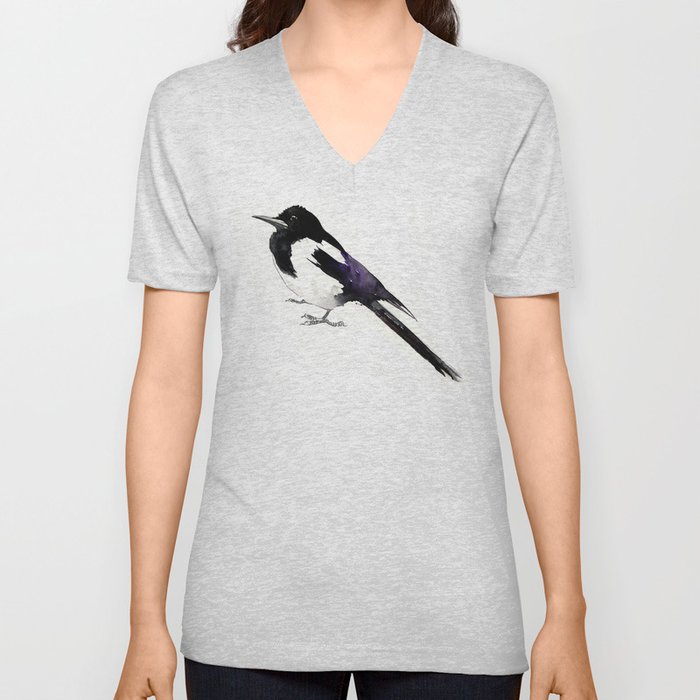 Magpie, bird art, minimalist magpie bird painting V Neck T Shirt