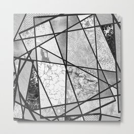 Geometric silver glitter black white marble triangles Metal Print