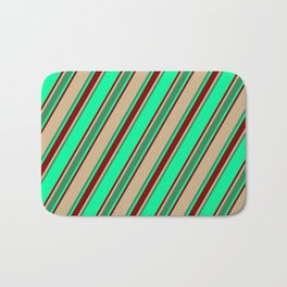 [ Thumbnail: Green, Maroon, Tan & Sea Green Colored Lined/Striped Pattern Bath Mat ]