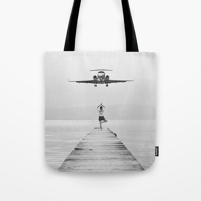 Namaste; Steady As She Goes 7; aircraft coming in for an island landing female in zen black and white photography - photographs - photograph Art Print Tote Bag