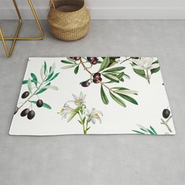 Olives,flowers,branches,white flowers,navy background  Rug