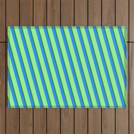 [ Thumbnail: Green, Forest Green & Blue Colored Lined Pattern Outdoor Rug ]
