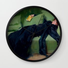 Decadent Young Woman After the Dance Vintage Illustration by Roman Casas 1899 Moss Green Navy Color Wall Clock