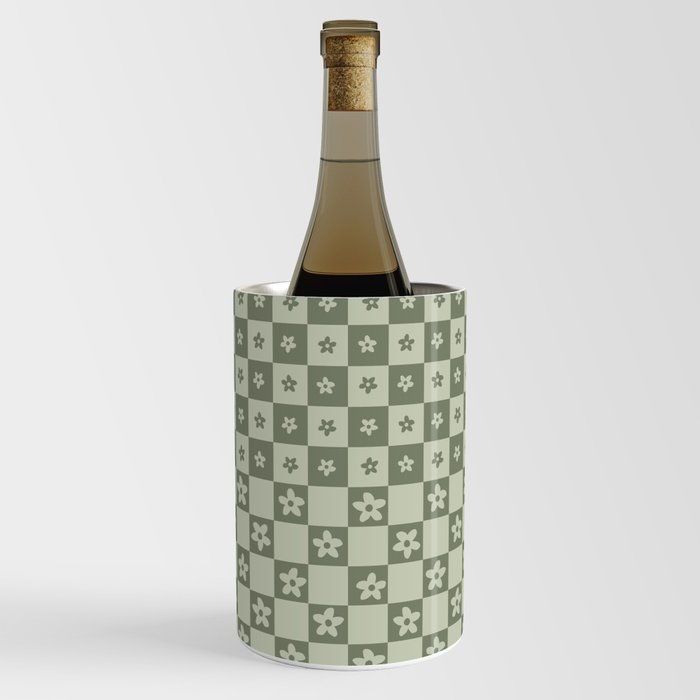 Abstract Floral Checker Pattern 13 in Sage Green Wine Chiller