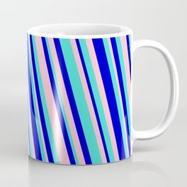 [ Thumbnail: Turquoise, Blue, and Pink Colored Lined/Striped Pattern Coffee Mug ]