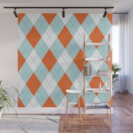 Aqua, Mint and Coral Orange Argyle Pattern Wall Mural