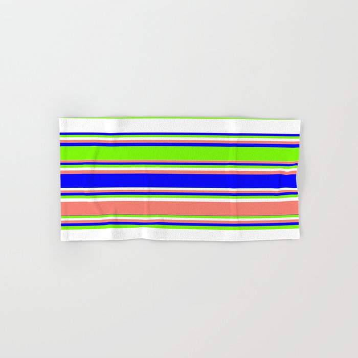 Blue, Green, White, and Salmon Colored Lined Pattern Hand & Bath Towel