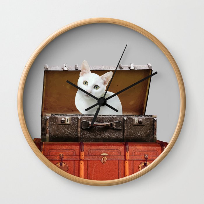 White little cat in suitcase  Wall Clock