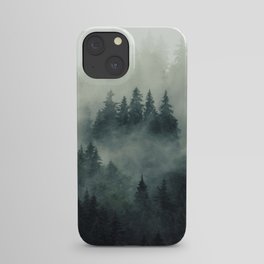 Green misty mountain pine forest in cloudy and rainy - vintage style photo iPhone Case