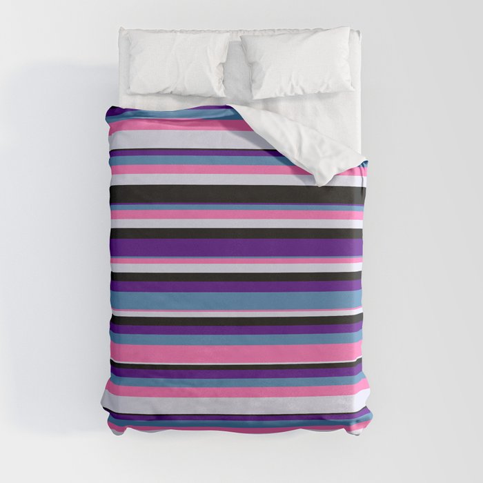 Eyecatching Indigo, Blue, Hot Pink, Lavender, and Black Colored Lines Pattern Duvet Cover