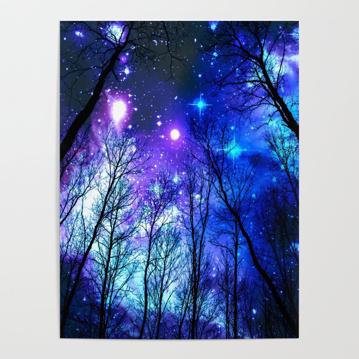 black trees purple blue space copyright protected Poster