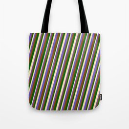 [ Thumbnail: Beige, Slate Blue, Brown, and Dark Green Colored Lines/Stripes Pattern Tote Bag ]