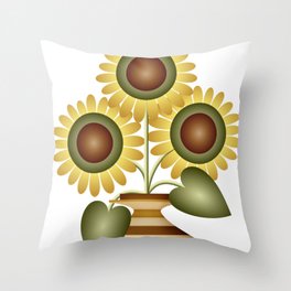 Rustic MCM Sunflowers in Wood Inlay Vase // Yellow, Green, Brown, Wheat, Cream, Black and White Throw Pillow