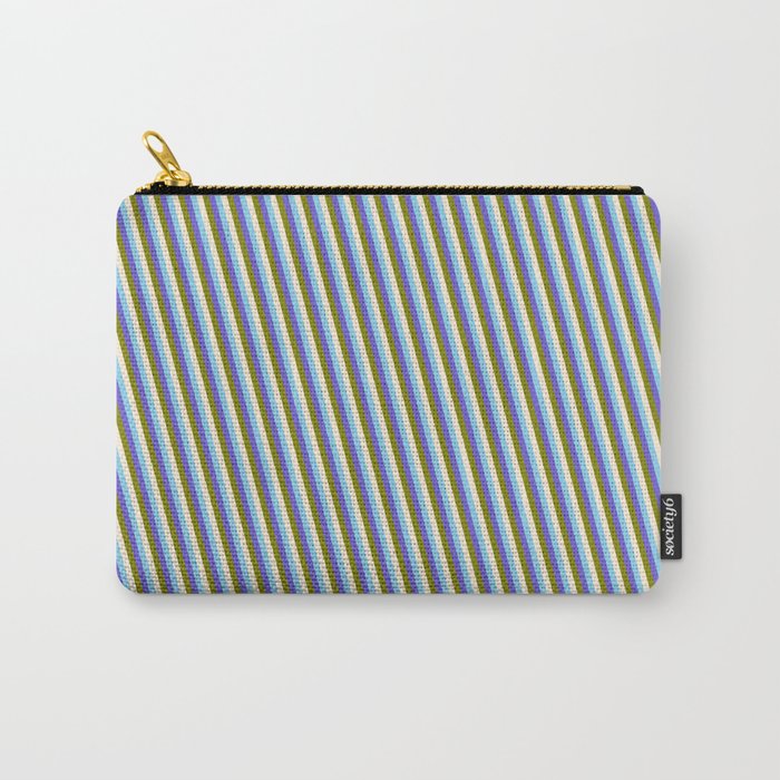 Sky Blue, Slate Blue, Green, and Beige Colored Striped Pattern Carry-All Pouch