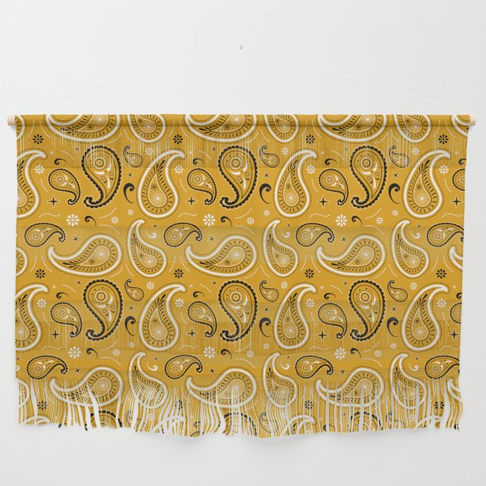 Black and White Paisley Pattern on Mustard Background Wall Hanging