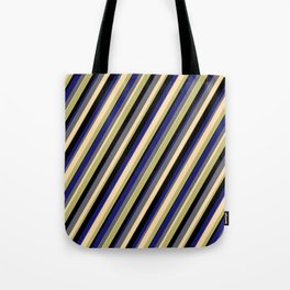 [ Thumbnail: Vibrant Dim Grey, Tan, Dark Khaki, Black, and Midnight Blue Colored Lines Pattern Tote Bag ]
