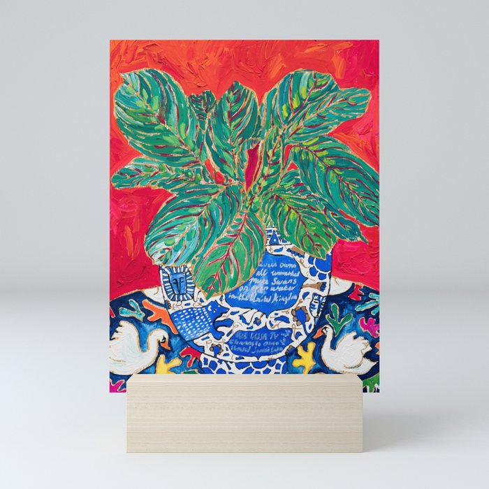 Prayer Plant In Blue And White Pot On Swan Table Cloth After
