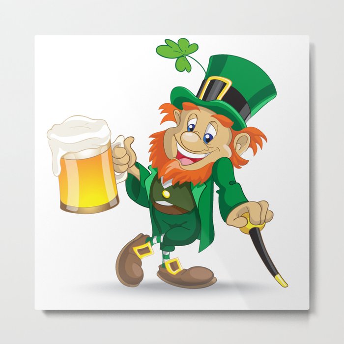 St Patrick leprechaun with cup of beer and cane Metal Print