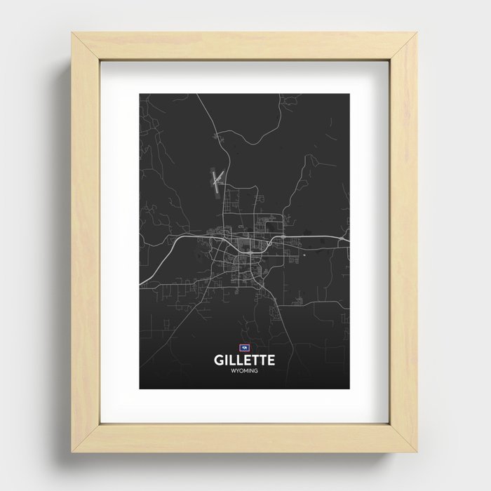 Gillette, Wyoming, United States - Dark City Map Recessed Framed Print
