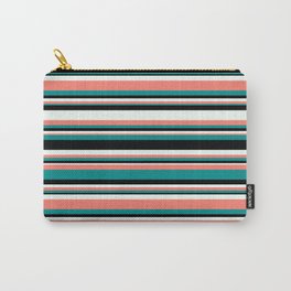 [ Thumbnail: Mint Cream, Salmon, Dark Cyan & Black Colored Lined/Striped Pattern Carry-All Pouch ]