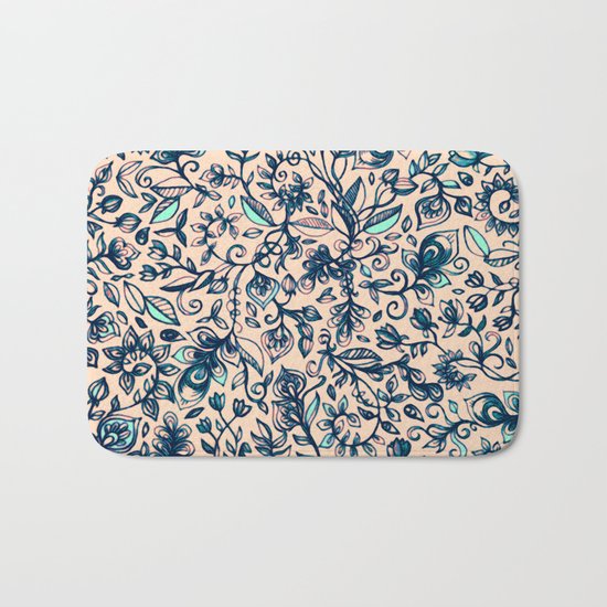 Teal Garden - floral doodle pattern in cream & navy blue Bath Mat