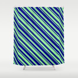[ Thumbnail: Light Green & Dark Blue Colored Lined Pattern Shower Curtain ]