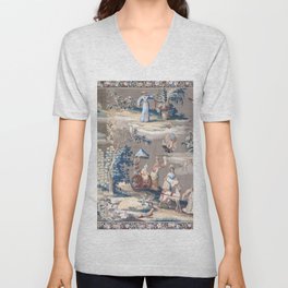 Antique 18th Century Chinoiserie Silver Landscape Tapestry V Neck T Shirt
