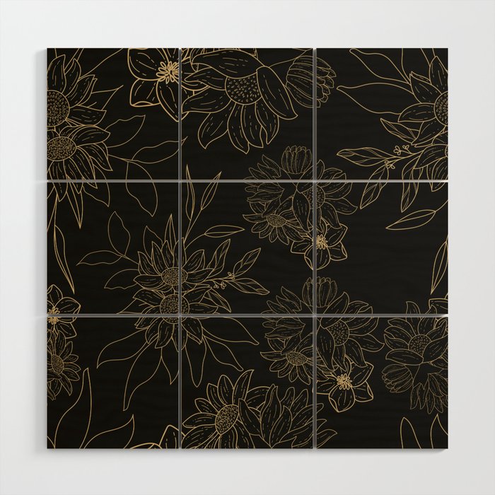 Golden Flowers Lineart Wood Wall Art