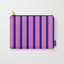[ Thumbnail: Deep Pink, Beige, Purple, Dark Blue, and Orchid Colored Stripes Pattern Carry-All Pouch ]