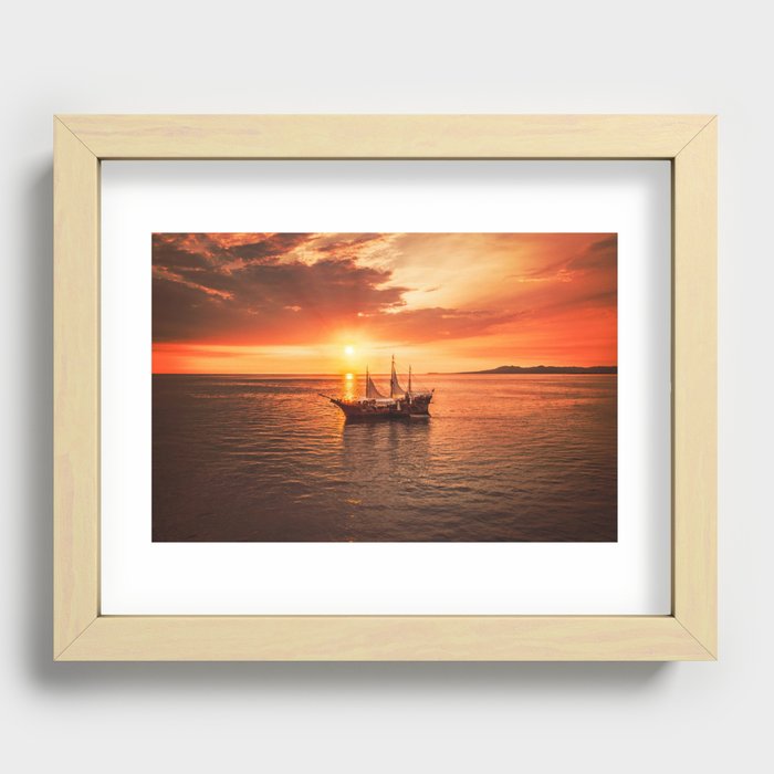 Ocean Sunset Pirate Ship Recessed Framed Print