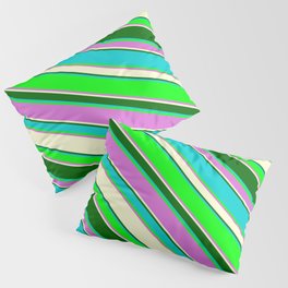 [ Thumbnail: Vibrant Dark Turquoise, Lime, Orchid, Light Yellow, and Dark Green Colored Stripes Pattern Pillow Sham ]