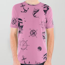 Pink And Blue Silhouettes Of Vintage Nautical Pattern All Over Graphic Tee