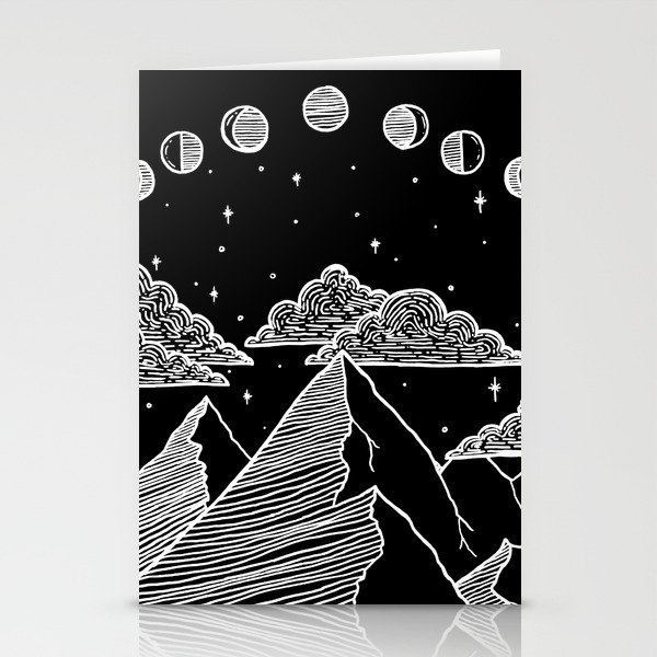 Moon Phases over Mountains - Black Stationery Cards