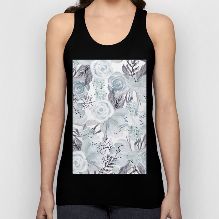 Abstract Hand Painted Mint Green Black Gray Watercolor Floral Tank Top