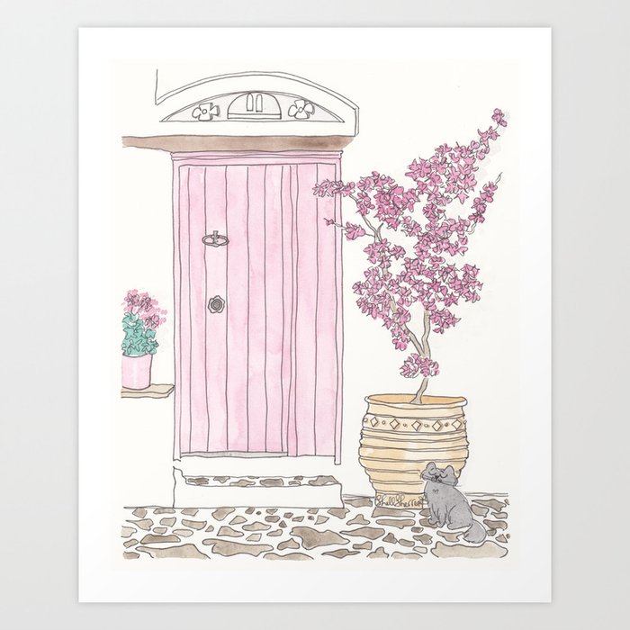 Pink Door and Flowers Mediterannean with Cat Art Print