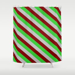[ Thumbnail: Lime Green, Grey, and Maroon Colored Stripes/Lines Pattern Shower Curtain ]