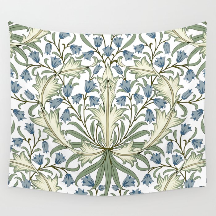 William Morris Vintage Bluebell Floral Blue Green & White  Wall Tapestry