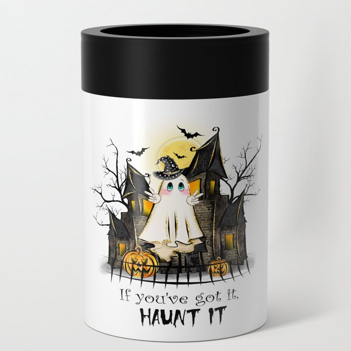 Funny ghost with haunted mansion and bat Can Cooler