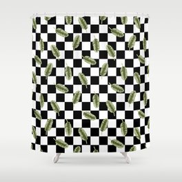 Medium - Banana Leaf Illustration on Black & White Checkerboard Shower Curtain