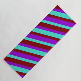 [ Thumbnail: Dark Violet, Turquoise & Maroon Colored Lines/Stripes Pattern Yoga Mat ]
