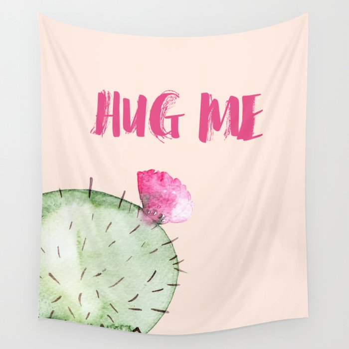 Hug me- Cactus and typography and watercolor Wall Tapestry